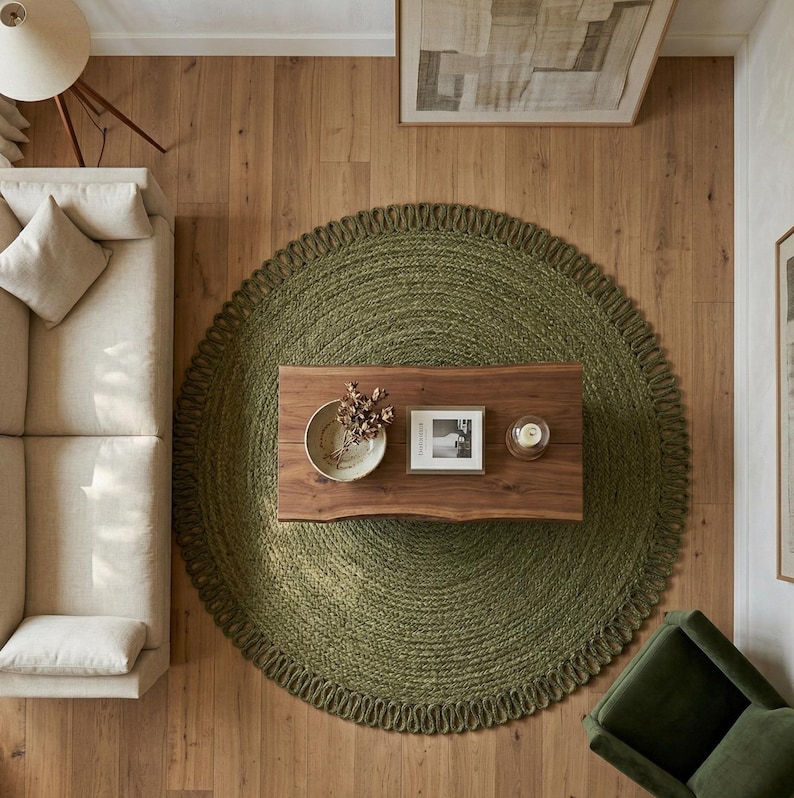 May include: A large, round, olive green braided jute rug with a thick, looped edge texture. The rug is positioned centrally on a light wood floor, serving as a base for a rectangular wooden coffee table with a natural live edge finish.