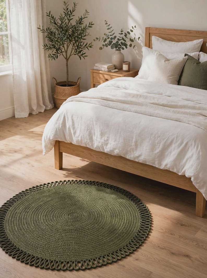 May include: A round, olive green braided rug featuring a decorative looped edge. The rug is constructed from thick, textured fibres arranged in a circular pattern, creating a distinct border detail that frames the central woven surface.