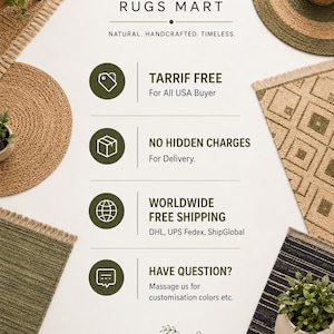 May include: A collection of various woven rugs in natural, green, and black tones arranged around a central informational graphic. The text reads BESPOKE RUGS MART, NATURAL. HANDCRAFTED. TIMELESS., TARIFF FREE, NO HIDDEN CHARGES, WORLDWIDE FREE SHIPPING, HAVE QUESTION?, and Thank You!