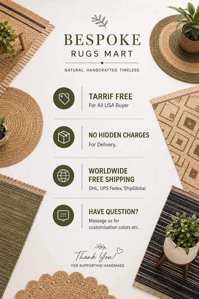 May include: A collection of various woven rugs in natural, green, and black tones arranged around a central informational graphic. The text reads BESPOKE RUGS MART, NATURAL. HANDCRAFTED. TIMELESS., TARIFF FREE, NO HIDDEN CHARGES, WORLDWIDE FREE SHIPPING, HAVE QUESTION?, and Thank You!
