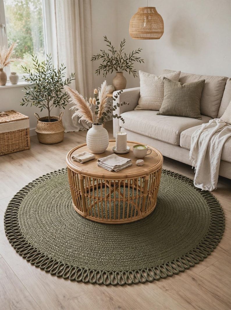 May include: A round, olive green braided rug featuring a decorative looped edge border. The rug is constructed from a thick, textured cord material and is positioned on a light-coloured wood floor beneath a circular rattan coffee table.