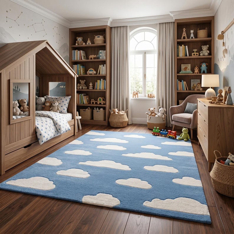 May include: A child's bedroom with a wooden house-shaped bed, bookshelves, and a blue rug with white cloud designs. The room is decorated with toys, books, and a window with natural light. The rug measures approximately 7 feet by 10 feet.