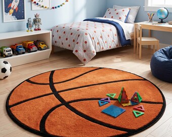 Round Basketball Rug – Kids Room Sports Decor, Young Athletes Gift