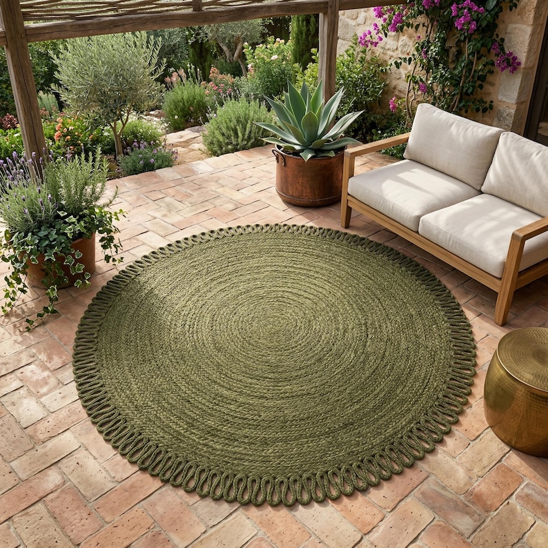 May include: A round, olive green area rug featuring a thick, braided texture and a decorative looped fringe border. The rug is constructed from natural fibres, showcasing a consistent circular weave pattern that radiates from the centre outwards.