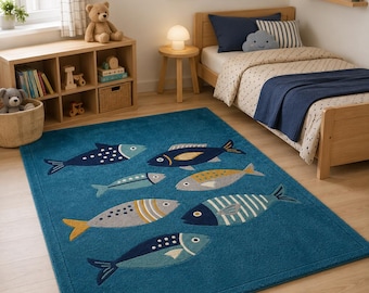 Hand Tufted Kids Fish Rug Wool Nursery Playroom Area Rug Soft Ocean Theme Bedroom Decor