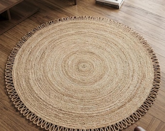 Handmade Braided Jute Rug – Round Boho Area Rug with Fringe