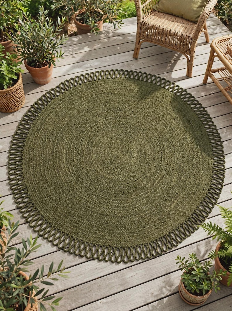 May include: A round, olive green rug featuring a braided centre and a decorative looped border. The rug is constructed from a textured, natural fibre material, showcasing a consistent circular weave pattern throughout the main body and edge.