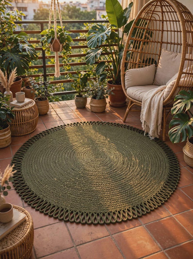 May include: A circular, olive green area rug featuring a thick, braided texture throughout the centre and a decorative, looped border design. The rug is crafted from a heavy, cord-like material and lies flat on a tiled floor surface.