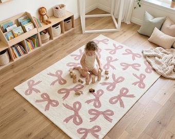 Pink Bow Pattern Kids Room Rug - Soft Wool for Girls Room