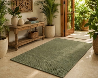 Olive Green Jute Rug, Handwoven Natural Area Rug, Farmhouse Boho Home Decor