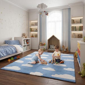 May include: A child's bedroom with a blue rug featuring white cloud designs. Two children are playing with wooden toys on the rug. The room has a bed with blue bedding, a bookshelf, and a wooden house-shaped reading nook. The walls are painted white.
