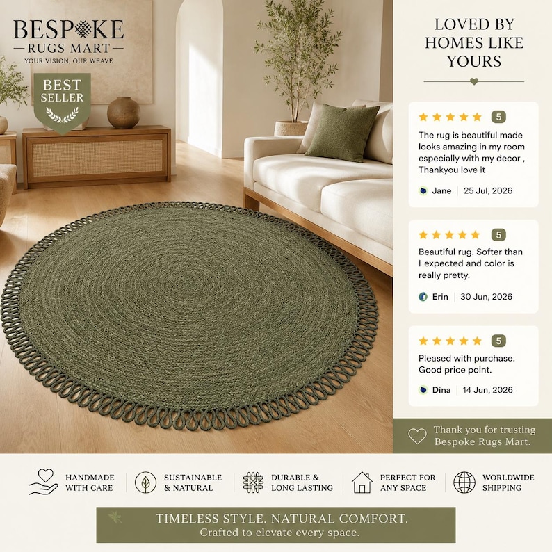 May include: A round, olive green woven rug featuring a decorative looped border. The image includes text such as Bespoke Rugs Mart, Loved by Homes Like Yours, and customer reviews. The design is presented with icons for handmade, sustainable, and durable features.