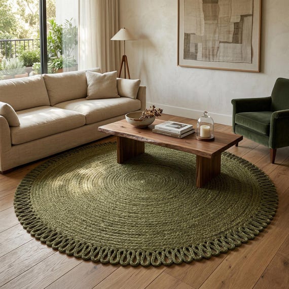 Handmade Olive Braided Jute For Living Room Rug – Round Boho Area Rug with Fringe