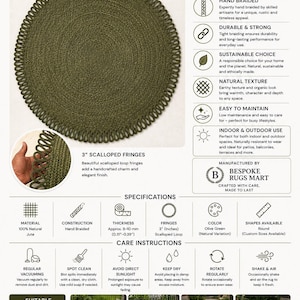 May include: A round olive green braided jute rug featuring 3-inch scalloped loop fringes. The rug is made of 100% natural jute fibres with a thickness of approximately 8-10 mm. It is designed for indoor and outdoor use.
