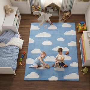 May include: A child's bedroom with a blue cloud-patterned rug. Two children are playing with wooden toys on the rug. The room includes a bed with star-patterned bedding, a white bookshelf, and a wooden rocking horse.