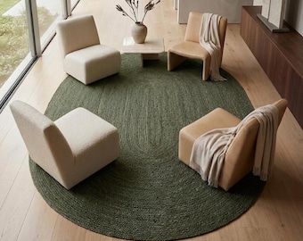 Handmade Olive Green Oval Jute Rug: Natural Sustainable Texture for Modern Eco-Friendly Home Decor