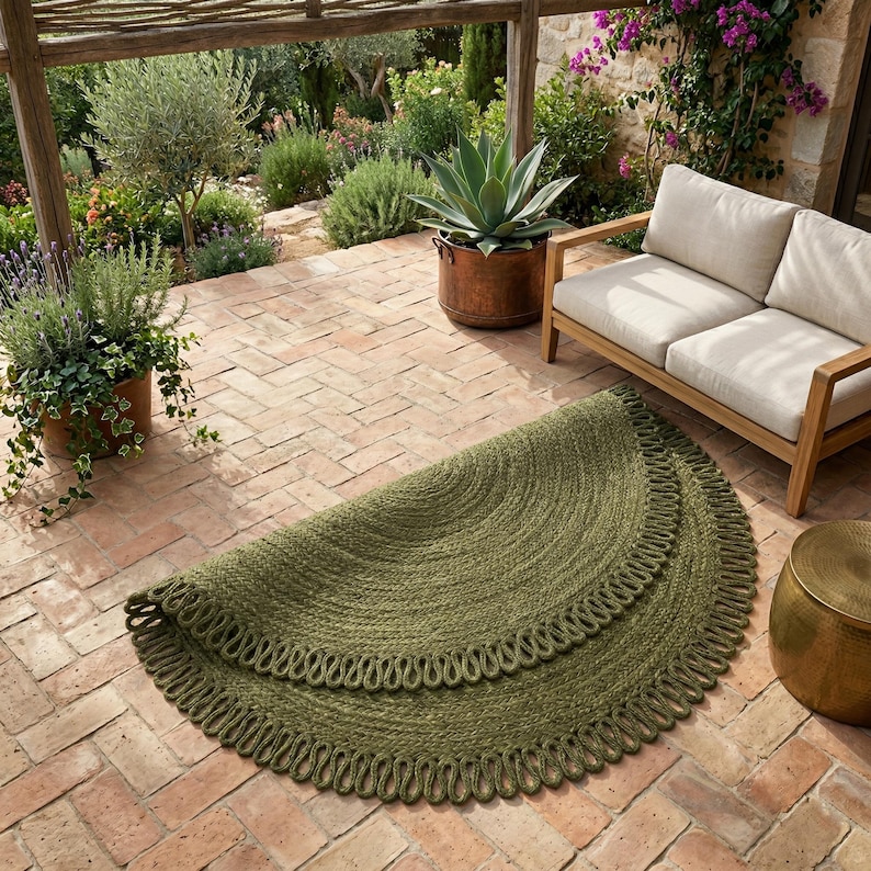 May include: A semi-circular olive green rug crafted from braided natural fibres, featuring a decorative looped fringe border along the curved edge. The rug is positioned on a brick patio surface, showcasing a textured, woven construction.