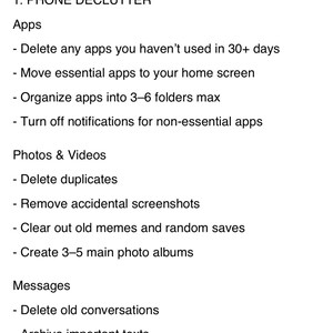 May include: A minimalist digital declutter checklist with a simple system for a cleaner digital life. The checklist includes steps for phone and email decluttering, with sections for apps, photos, videos, and messages.