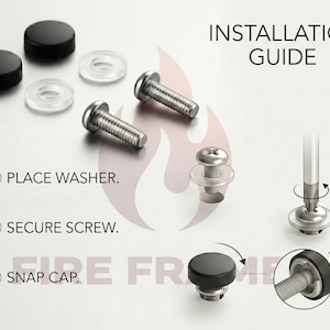 May include: An installation guide shows the steps for assembling a product. The guide includes black caps, clear washers, and silver screws. The steps are labeled: Place Washer, Secure Screw, and Snap Cap.