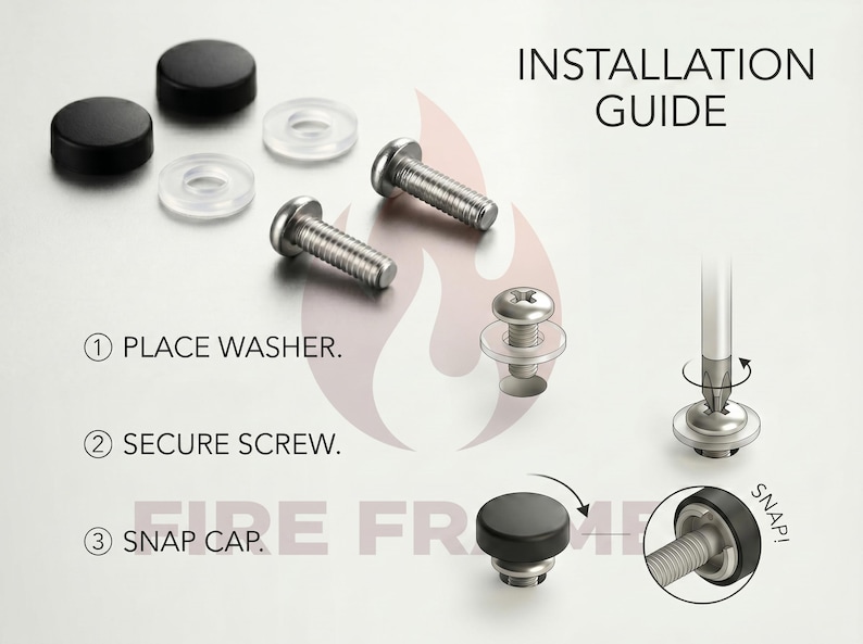May include: An installation guide shows the steps for assembling a product. The guide includes black caps, clear washers, and silver screws. The steps are labeled: Place Washer, Secure Screw, and Snap Cap.