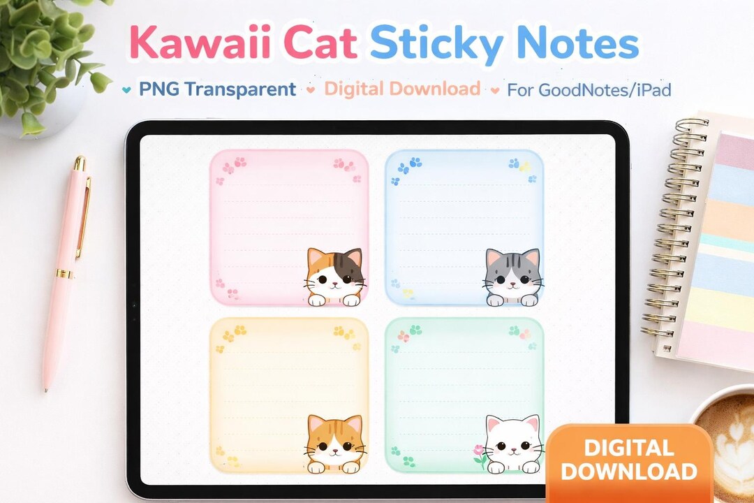 Kawaii Cat Sticky Notes | Pastel Digital Sticky Notes | Cute Planner ...