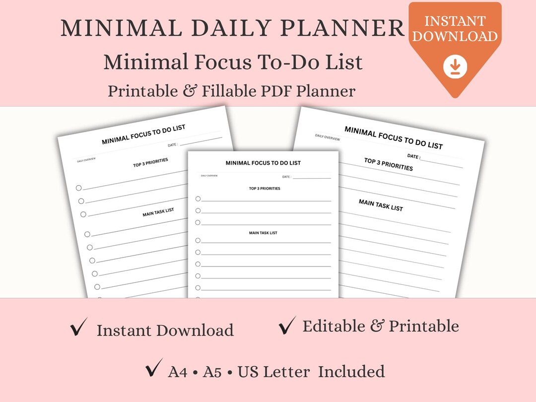 Minimal Daily Planner Printable & Fillable PDF | Focus to Do List | A4 ...
