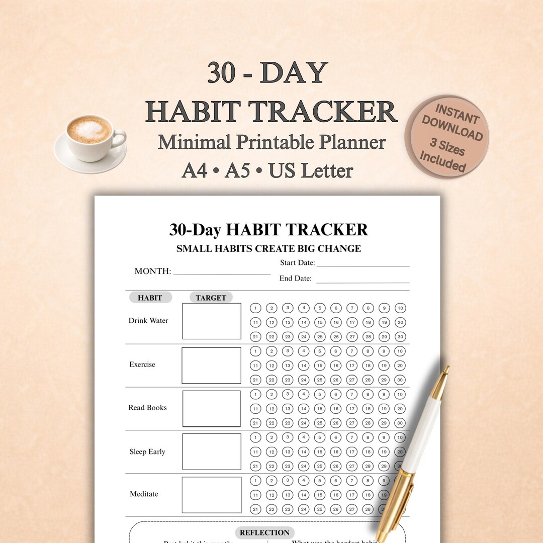 30-day Habit Tracker Printable, Minimal Self Improvement Planner (PDF ...
