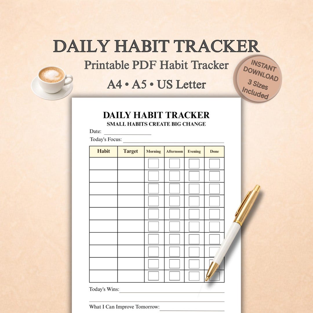 Daily Habit Tracker Printable, Productivity Planner (A4 A5 US Letter ...