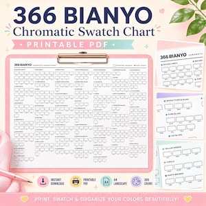 Puede incluir: Un documento PDF imprimible 366 Bianyo Chromatic Swatch Chart en un portapapeles rosa. La tabla presenta categorías de color organizadas con cajas rectangulares vacías para muestras. Incluye etiquetas de texto para grupos de color.