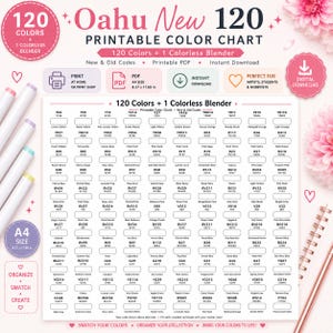 May include: A printable color chart with 120 colors and a colorless blender. The chart includes color swatches, a digital download option, and is perfect for artists and hobbyists. The A4 size chart measures 8.27 x 11.69 inches.