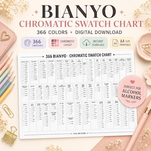 May include: A white chromatic swatch chart with the text "BIANYO" and "CHROMATIC SWATCH CHART". The chart includes 366 color swatches and is labeled "DIGITAL DOWNLOAD". A pink circle reads "PERFECT FOR ALCOHOL MARKERS".