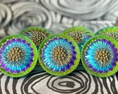 Turquoise and bright green Czech buttons Purple and green metallic gold Czech glass flower button 18mm