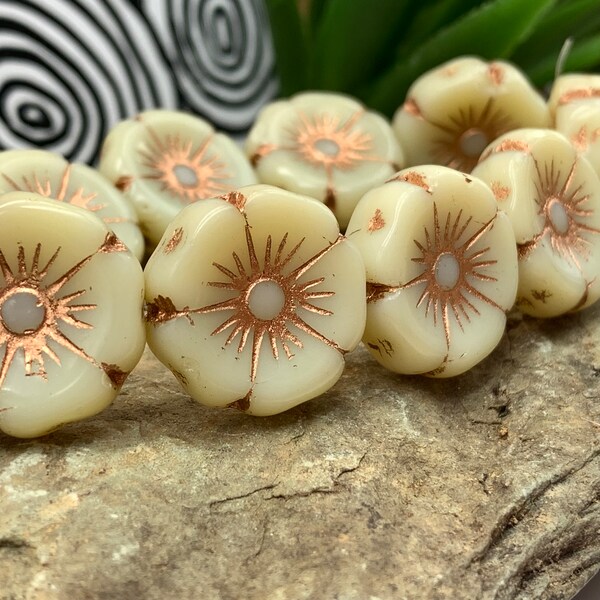 White Hawaiian Flower beads 20mm Czech Glass Hibiscus Flower beads w copper wash 3pc