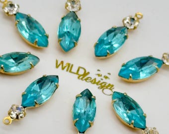 Vintage Navette Aquamarine Rhinestone Drops•  Chaton in Brass Setting Single Loop •  Aquamarine glass • Czechoslovakia marked• 2pc