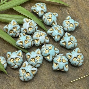 Blue cat beads • 10pc Czech glass cat beads • Czech animal beads • Light blue and gold