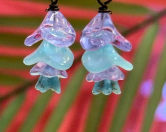 Blue Glass Flower Earrings • Blue and Purple Flower Earrings • Czech Glass Beads • Vintage Style Jewelry • Retro Earrings • Gardener Gift
