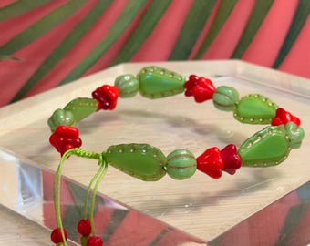 Cactus Bracelet • Czech Glass Red Cactus Flower Bracelet • Adjustable Slide Knot • Gardener Gift • Christmas Cactus Bracelet • Cowgirl Gift