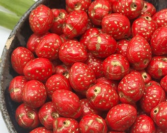 Strawberry Beads • Czech Glass Strawberry Beads • 10pc • 3d Red and Gold • Fruit Beads • Berry Beads • Top Drilled •