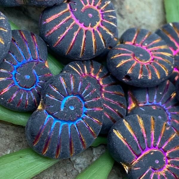 Black shell beads • Czech glass snail beads • Black w Rainbow metallic • Czech glass seashell beads • Nautilus beads • 8pc
