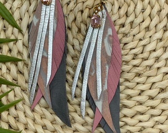 Pink and silver leather feather earrings Genuine leather, long leather earrings