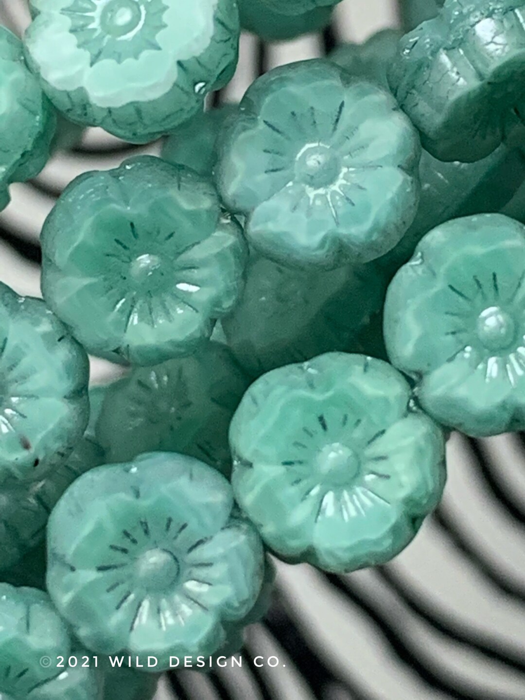 Mint Blue Flower Beads Czech Glass Aqua W Metallic Finish 8mm Etsy