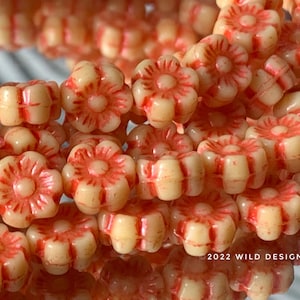 Tan flower beads Light tan flower beads 6mm Czech Glass Hibiscus Flower beads 25pc w coral wash TINY