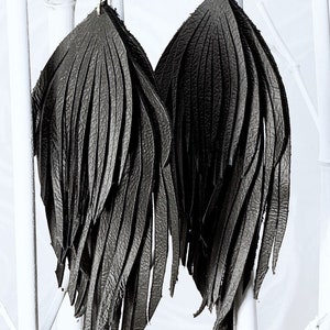 Black genuine leather feather earrings , soft flowy leather, long leather earrings