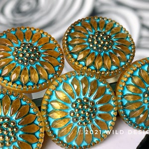 Turquoise Czech buttons Turquoise blue metallic Czech glass flower button 18mm