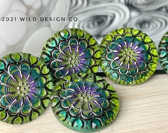 Green glass Czech buttons Green and silver flower button 27mm