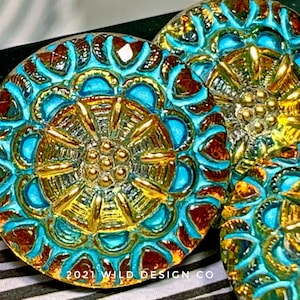 blue Czech buttons w Gold accent Czech glass flower button 18mm