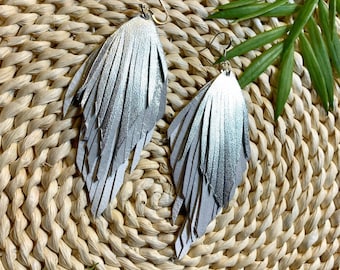 Silver leather feather earrings Genuine leather, long leather earrings, festival earrings, fringe earrings
