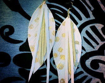 White and gold leather feather earrings Genuine leather, long leather earrings