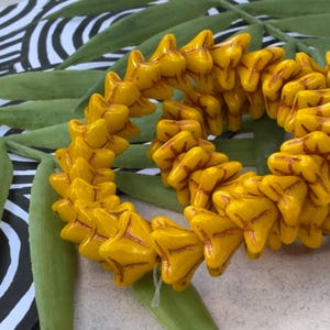 Yellow Bell Flower Beads • 25pc 6x9mm Czech Glass Bellflower Beads •  Golden Opaque Yellow Flower Beads with Bronze Wash