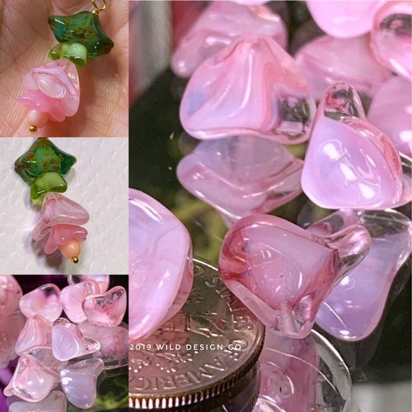 Pink flower beads pink swirl Bellflower 3 petal Beads 12x9mm Beads Czech Glass 25 pc bell flower